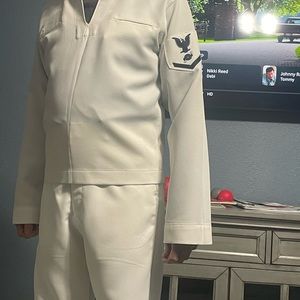 White navy shirt size 38 long and pants.